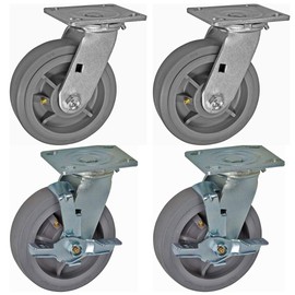ICONCASTERWHEELS 4" Mirage Rubber Caster, Set of 2 Swivel Top Plate Caster & 2 Swivel Top Lock Brake Caster | Top Plate 2.38”x3.63"| Load Capacity 350 LBS per, 1400 Capacity per Set (Grey)
