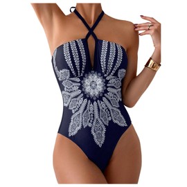 Milumia Women's Vintage Graphic Print One Piece Swimsuit Criss Cross Halter Neck Bathing Suit Blue and White Small