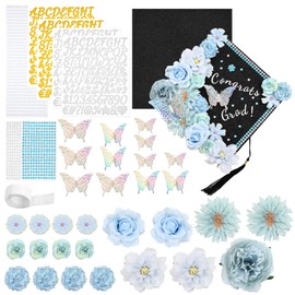 Wegitcs DIY Graduation Cap Decorations Kit Graduation Decorations 2025, Graduation Cap Topper for Graduation Gift Class of 2025 Included 3D Butterfly, Letter Stickers, Faux Flower Heads,Blue