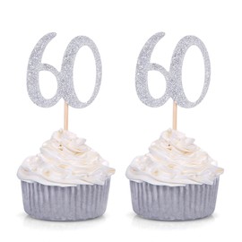 Set of 24 Silver Number 60 60th Birthday Cupcake Toppers Celebrating Anniversary Party Decors - Giuffi
