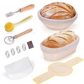 Bread Proofing Basket Set, 9 Inch Round and 10 Inch Oval Rattan Banneton Bowl with Sourdough Bread Making Tools by Thyme Space