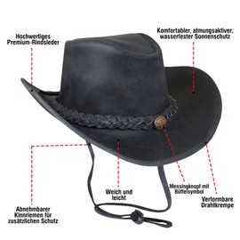 URBAN 5884 Genuine Leather Cowboy Hat, Western Cowboy Hat Made of Cowhide Leather with Adjustable Brim and Chin Strap, gray, M