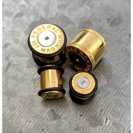 PAIR of Unique Gold Ion Plated 357 Magnum Bullet Plugs/Tunnels with O-Rings - Gauges 2g (6mm) thru 5/8" (16mm) - Style: 2g (6mm)