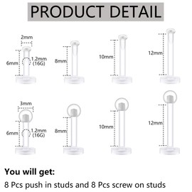 KASFREE 16 Pcs Clear Nose Stud 16G Flat Back Lip Rings labret Studs Piercing Retainer Plastic Earrings for Sensitive Ears