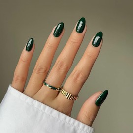 KQueenest Acrylic Press on Nails Short Oval, Dark Green False Nails Short Almond, Glossy Solid Color Round Fake Nails Set, Reusable Natural Gel Stick on Nail for Women Finger Daily Wear 24 Pcs