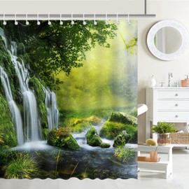 Avezano Garden Shower Curtain 3D Waterfall Green Nature Spring Forest Bathroom Shower Curtain Landscape Scenery Waterproof Home Bath Decor with 12 Hooks 72 X 72 Inches