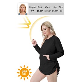 Halcurt Plus Size Rash Guard for Women UPF 50+ Zip Drawstring Ruched Pocket Top, Black, 3X