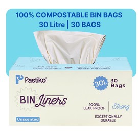 Pastiko 100% Compostable Bin Bags 30L Bin Liners Extra Thick Durable Tear-Resistant Leak Proof Garbage Bags Biodegradable Strong Bin Bags TUV Austria OK Home and Industrial Compostable