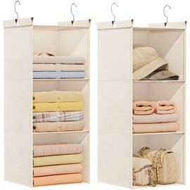 Pure Cotton Dual Hanging Closet Organizer, 2-Pack 3 Tier Breathable Storage Bags for Wardrobe, RV, Baby Nursery, Small Closet, Heavy-Duty 100% Cotton Closet Organizers and Storage, Natural Beige