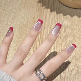 Red French Tips Press on Nails Medium Coffin Fake Nails with Design Shiny Glitter Clear Glue on Nails Glossy Reusable for Cat Eye False Nails for Women Girls Daily Wear Manicure 24pcs