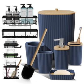 Clara Clark Bathroom Set - Navy Blue Bathroom Accessories Set, 6PC Bathroom Accessory Set, Bathroom Sets with Adhesive Corner Shower Caddy Hanging, Toilet Brush, Trash Can & Soap Dispenser