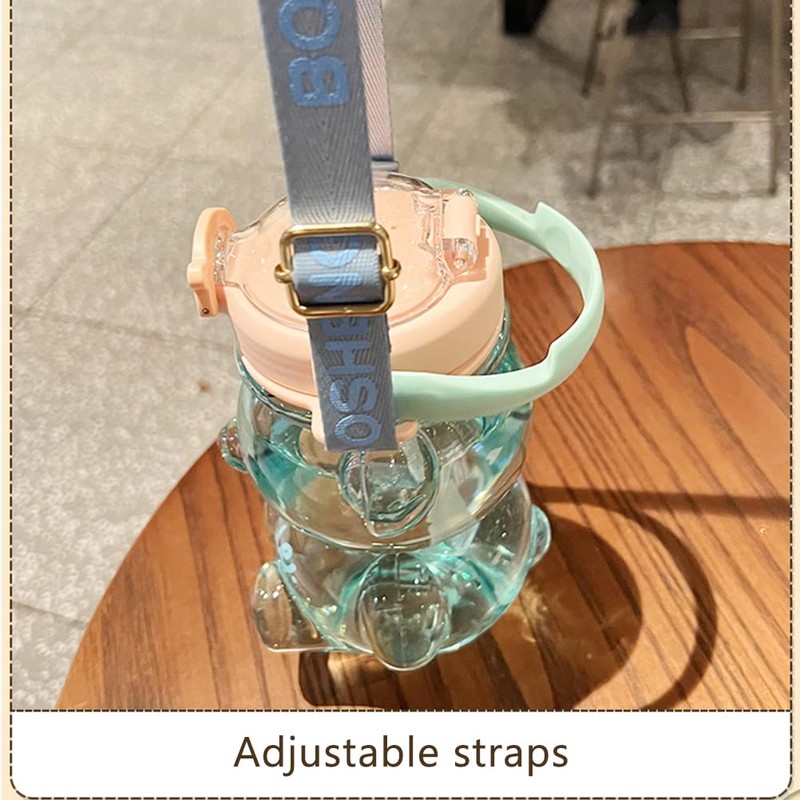 Kawaii Bear Girls Portable Water Bottle with Straw and Adjustable