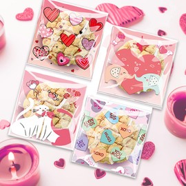 100 PCS Valentines Party Cellophane Treat Bags Self Adhesive Clear Cookie Candy Bags 4 Styles Valentines Goodie Bags for Valentine's Day Party Decorations Wedding Birthday Party Favors Supplies