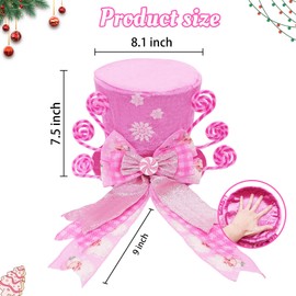 Christmas Tree Topper Hat with Bow, Candy Cane Velvet Top Hat Ornament with Pre-Tied Pink Wired Bow, Winter Holidays Xmas Decor for Home Decoration