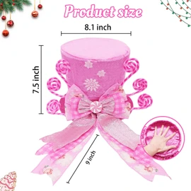 Christmas Tree Topper Hat with Bow, Candy Cane Velvet Top Hat Ornament with Pre-Tied Pink Wired Bow, Winter Holidays Xmas Decor for Home Decoration