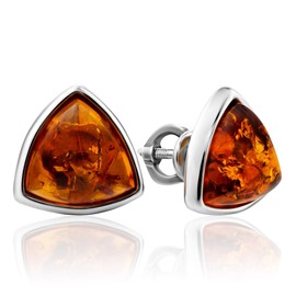 Amberholl Sterling Silver Stud Earrings with Cognac Baltic Amber – Triangle Shape Screw Back Earrings for Women – 0.47" Length – 10x10x5 mm Gemstones – Lightweight 2.8 g – Handmade in Lithuania