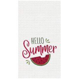 C&F Home Hello Summer Watermelon Bite Embroidered Cotton Waffle Weave Kitchen Towel Red