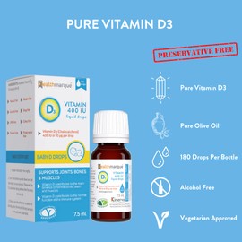 Healthmarque Vitamin D3 Liquid Drops 400 IU - Pure Vitamin D Liquid in Olive Oil for Babies, Children and Adults by Healthmarque (180 doses)