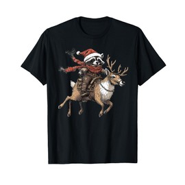 Funny Raccoon Riding Reindeer Cowboy Cowgirl Christmas T-Shirt