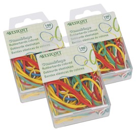 Westcott Rubber Bands 100 Pieces (Set of 3) | 3 x Colourful Rubber Rings Various Sizes in Practical Plastic Container | Storage Pack Household Rubber Diameter 20 mm - 70 mm | Min. 60% Natural Rubber |