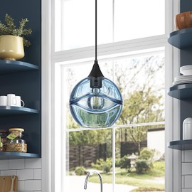 Aiwen Modern Kitchen Island Pendant Light Fixtures 7.8 inch Hand Blown Blue Glass Pendant Lighting 1-Light Farmhouse Globe Hanging Ceiling Light Over Table Sink Dining Room E26
