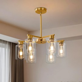 KUSSCO Modern Farmhouse Gold Chandelier 6-Light Industrial Dining Room Light Fixture with Clear Glass Shades Adjustable Height Hanging Pendant Lights for Living Room Kitchen Island Entryway