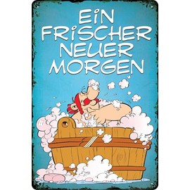 LUCKYLINDE - Retro Tin Sign, Asterix and Obelix, French Cult Comic Series, Decorative Sign, 20 x 30 cm (Obelix in the Bath, A Fresh New Morning)