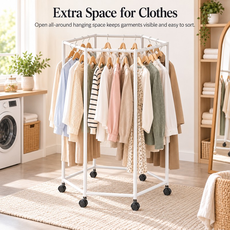 360° Rotating Clothes Rack for Bedroom Storage – Floor-Standing Iron