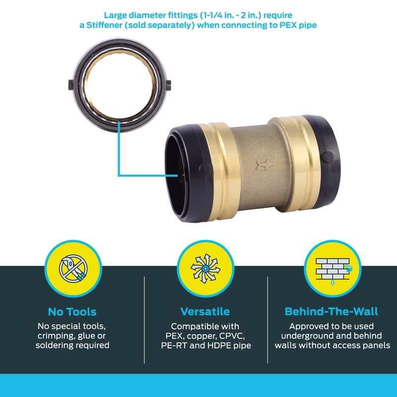 SharkBite 2 Inch Coupling, Push to Connect Brass Plumbing Fitting,