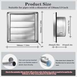 Kinyoda 150mm Edelstahl Lüftungsgitter, mit Insektenschutzgitter und Beweglichen Lamellen, Optimal Für Die Außenwandmontage Von Lüftungsanlagen Und Dunstabzugshauben Mit Kautschuk-Dichtung&Schrauben