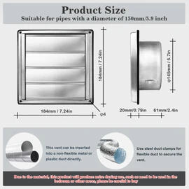Kinyoda 150mm Edelstahl Lüftungsgitter, mit Insektenschutzgitter und Beweglichen Lamellen, Optimal Für Die Außenwandmontage Von Lüftungsanlagen Und Dunstabzugshauben Mit Kautschuk-Dichtung&Schrauben