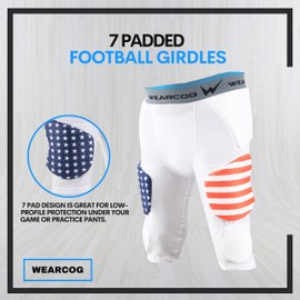 WEARCOG Premier Adult Football Girdle with pads for Men's | 7 Padded Integrated Football Pads with Hip, Tail, Thigh Pads and Cup Pocket | White Large Size