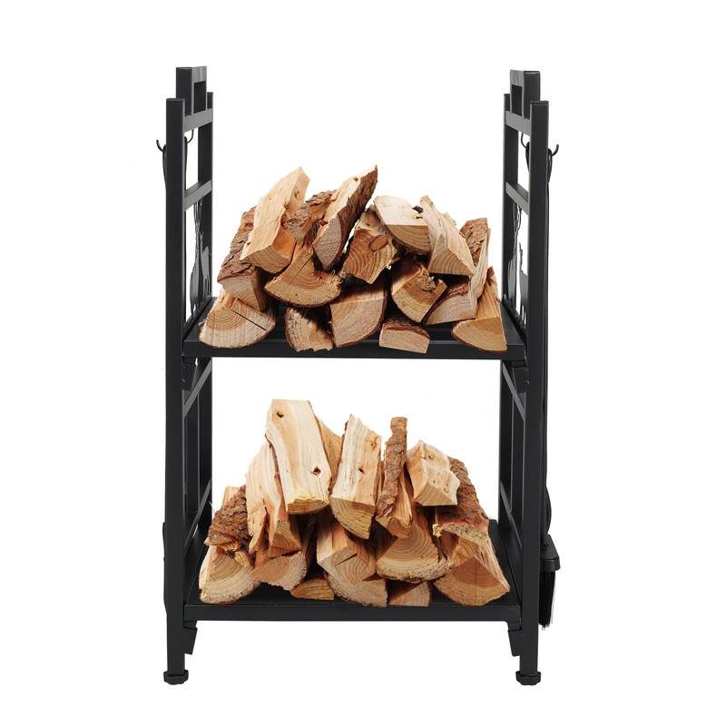 COOBL Firewood Rack Holder with Fireplace Tools,Brush, Shovel, Tong, Hook,Metal