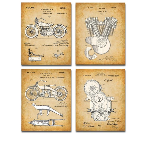 Original Harley Davidson Patent Art Prints - Set of Four Photos (8x10) Unframed - Great Gift for Hog Riders