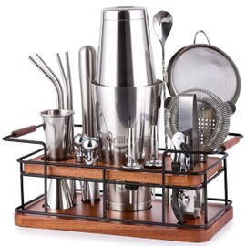 Barillio Bartender Kit – 23-Piece Stainless-Steel Cocktail Shaker Set with Premium African Mahogany Stand | Martini Barware Mixing Tools for Home Bartending | Gift Set