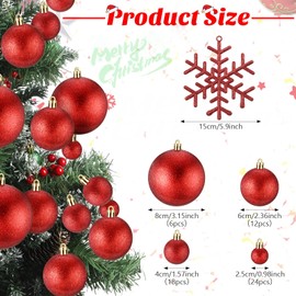 Syhood 62 Pcs Glitter Christmas Ball Ornaments Bulk Plastic Glitter Snowflakes Shatterproof Christmas Tree Ornament Set for Xmas Holiday Party Decorations(Glitter Red)