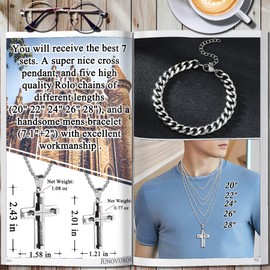 JUNOVUROS Large and Small Men's Cross Necklace Set with 5 Rolo Chains and 1 Cuban Bracelet, Jesus Christ Cross Religious Jewelry Gift, Silver/Gold/Black