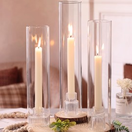 NITIME 3 Set Hurricane Glass Candle Holders for Taper Candles, Candlestick Holders with Windproof Glass Tubes(11.8"/12.6"/13.8" H), Taper Candle Holders for Table Centerpieces, Wedding, Party Decor