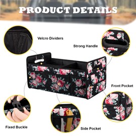 JiatuA Car Trunk Organizers and Storage for SUV, Collapsible Multi Compartment Container Box Adjustable Car Accessories for Women Men, Black Floral