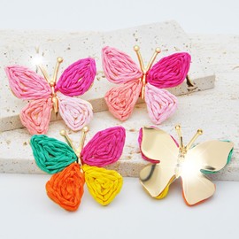 Handmade 4 Colors Raffia Dangle Earrings for Women Boho Cute Fun Earrings Lightweight Straw Wicker Rattan Drop Earrings Bohemian Butterfly Earrings Beach Vacation Party - Round
