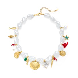 LILIE&WHITE Chunky Baroque Pearl Necklace Gold Charms Necklace For Women Conch Shell Starfish Necklace Fashion Summer Beach Fish Necklaces Trendy Pearl Coral Necklaces Jewelry Gift