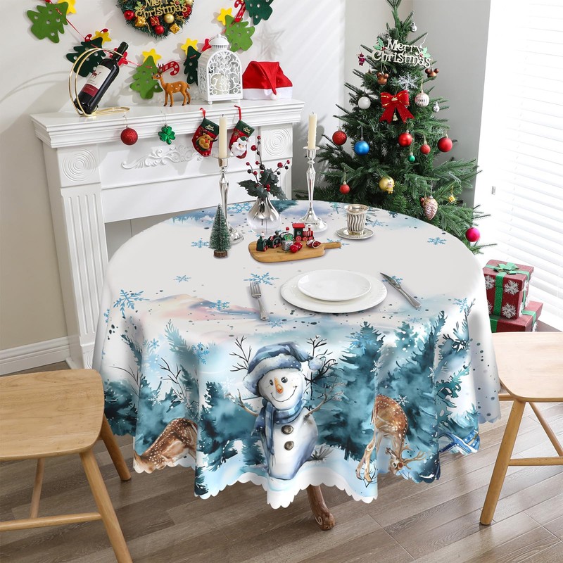 Round Christmas Tablecloth 60 inches - Snowman Christmas Decorations for