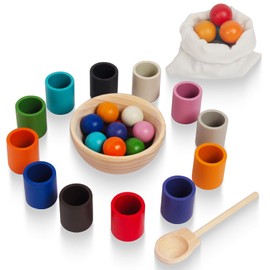 Rainbow Balls in Cups Toddler Montessori Toys for 3 Year Old Up, Kids Preschool Wooden Matching Games for Learning Color Sorting and Counting