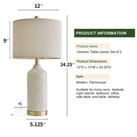 G-SAFAVA 24.25" Table Lamps Set of 2 Modern Ceramic Lamps for Living Room Bedside Lamps Gold Lamps for Night Stands Boho Bedroom Lamps Farmhouse Side Table Lamps End Table Lamps