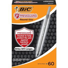 60 x Bic Round Stic Ballpoint Pens | Permanent Anti-Microbial Body, Writes 90% Longer & Soft Comfortable Grip | Tungsten Nib, Medium 1.0mm | Black Ink