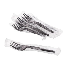 AmerCare Medium-Heavy Weight Individually Wrapped Black Polystyrene Forks, Case of 1000
