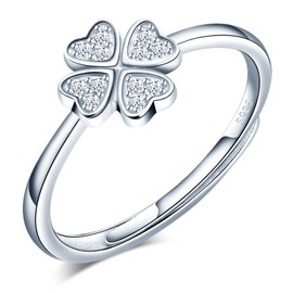 MicLee Women's 925 Sterling Silver Four Leaf Clover Heart Ring Wedding Rings Engagement Ring Wedding Rings with White Zirconia Partner Ring Adjustable Gifts Valentine's Day Christmas, Silver Silver