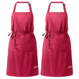 Viedouce 2 Packs Aprons Cotton,Cooking Kitchen Aprons,Adjustable Chef Apron with Pockets for Men Women,Red Aprons for Restaurant Garden Artist Barista Garden BBQ,School,Coffee House