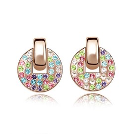 Bungsa Colourful "Candy" Earrings for Women Rose Gold - Round Stud Earrings with Radiant Crystals - Rainbow Earrings for Women and Girls - Colourful Rhinestone Ear Stud Earrings, Brass, Cubic Zirconia