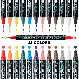 colpart Dual Tip Acrylic Paint Pens，12 Colors Premium Acrylic Paint Markers for Rock Painting Wood Canvas Plastic Metal And Stone, Acrylic Dot Markers For DIY Crafts